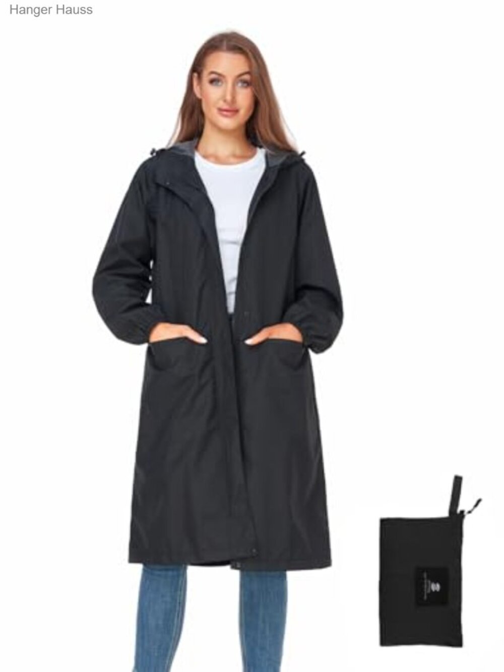 Women's Long Waterproof Rain Jacket Hooded Packable Lightweight Knee Length